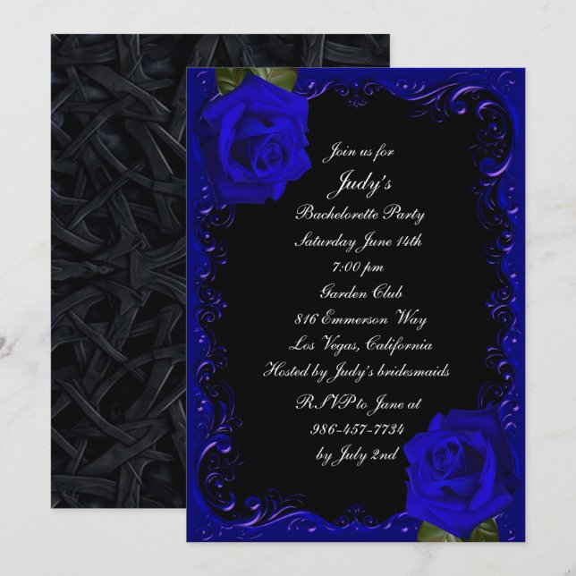 Elegant Goth Blue Ro Bachelorette Party Inbjudningar (Fram/baksida)