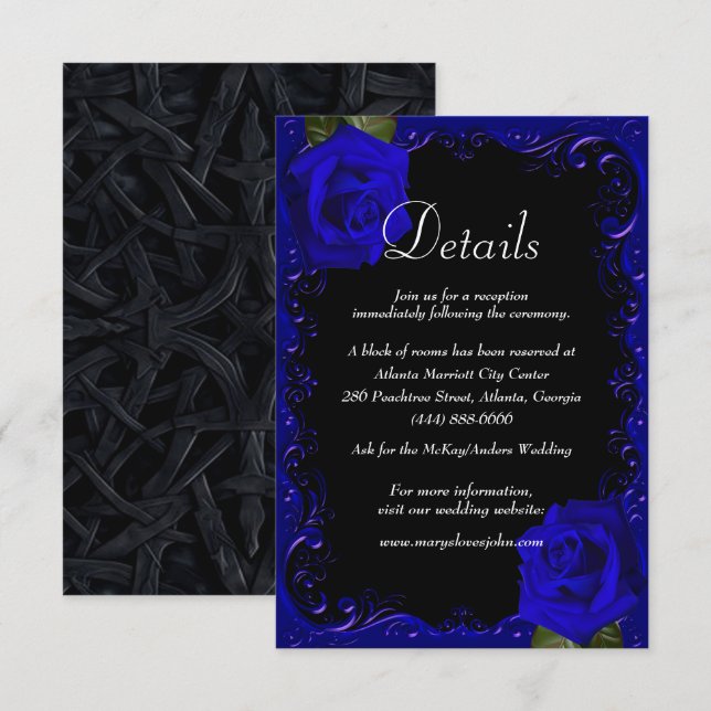 Elegant Goth Blue Ro Bröllop Information Card (Fram/baksida)
