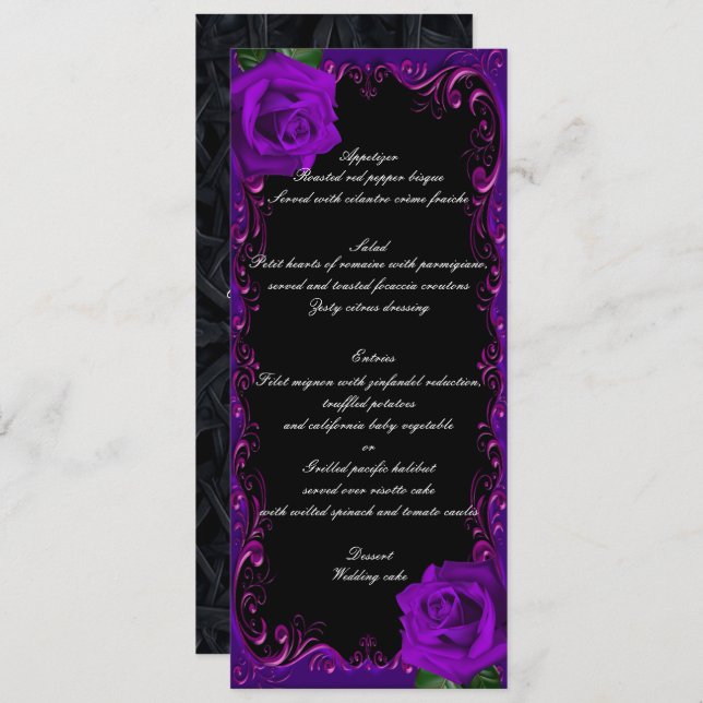 Elegant Goth Lila Ro Bröllop Menu Meny (Fram/baksida)