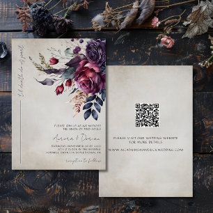 Elegant Gotham Watercolor Blommigt QR-kod Bröllop Inbjudningar