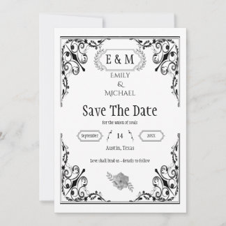 Elegant Gothic Black and White Bröllop Monogram Spara Datumet