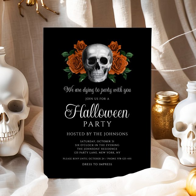 Elegant Gothic Black Blommigt Skull Halloween Inbjudningar (Elegant Gothic Black Floral Skull Halloween Invitation - digital download)