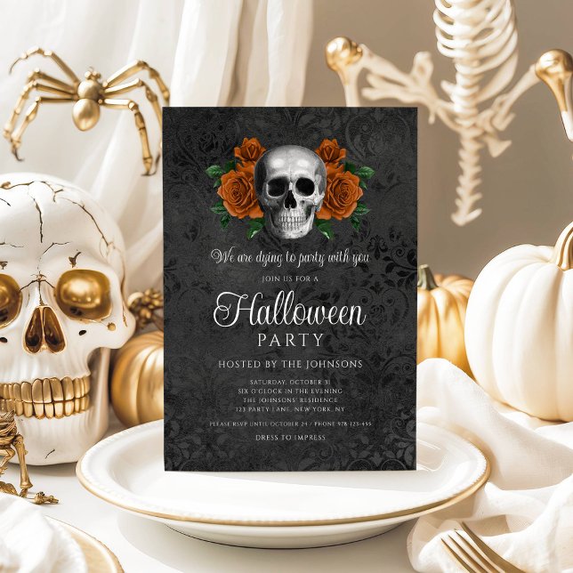 Elegant Gothic Black Blommigt Skull Halloween Inbjudningar (Elegant Gothic Black Floral Skull Halloween Invitation)
