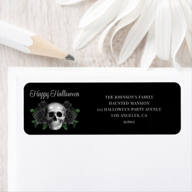 Elegant Gothic Black Floral Skull Halloween Returadress Etikett (Insitu)