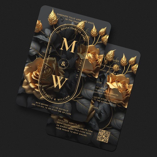 Elegant Gothic Black Guld Ro Boho Lux Bröllop Inbjudningar (Elegant Gothic Floral Black Gold Boho Lux Wedding Invitation
)