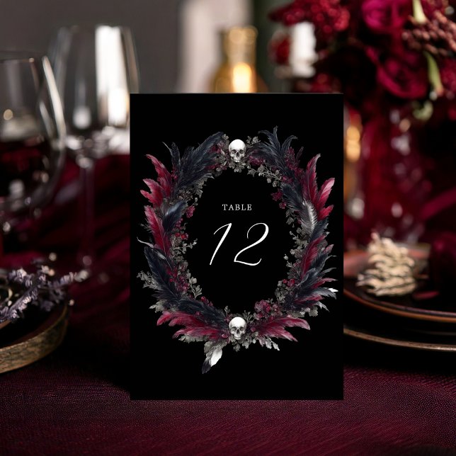Elegant Gothic Black Red Feather WAN Bröllop Bordsnummer (Skapare uppladdad)