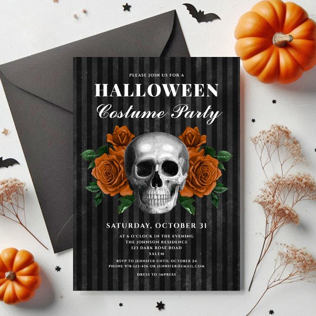 Elegant Gothic Blommigt Skull Costume Halloween Inbjudningar (Elegant Gothic Floral Skull Costume Halloween Invitation)