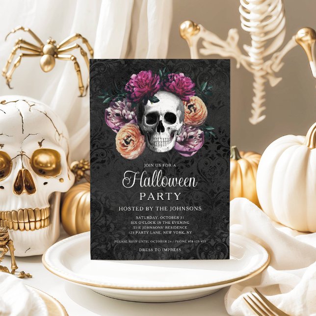 Elegant Gothic Blommigt Skull Halloween Inbjudningar (Elegant Gothic Floral Skull Halloween Invitation)