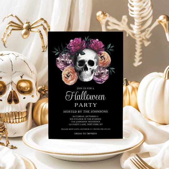 Elegant Gothic Blommigt Skull Halloween Inbjudningar (Elegant Gothic Floral Skull Halloween Invitation)