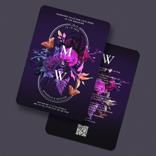 Elegant Gothic Bröllop Boho Mörk Lila Botanik Inbjudningar (Elegant Gothic Wedding Boho Dark Purple Botanical Invitation
)