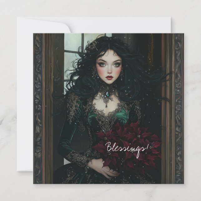 Elegant Gothic Dam med Poinsettias-kort Julkort (Framsida)