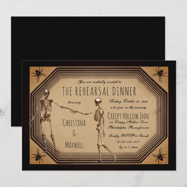 Elegant Gothic Deco Skeletons Rehearsal Dinner Inv Inbjudningar (Fram/baksida)