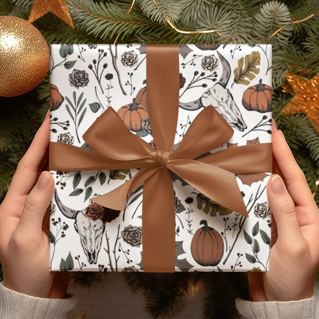 Elegant Gothic Fall Harvest and Cow Döskallars Presentpapper (Elegant Design with Hand-Drawn Cow Skulls, Pumpkins, Roses, Leaves, Berries & Branches in Black Ink.)