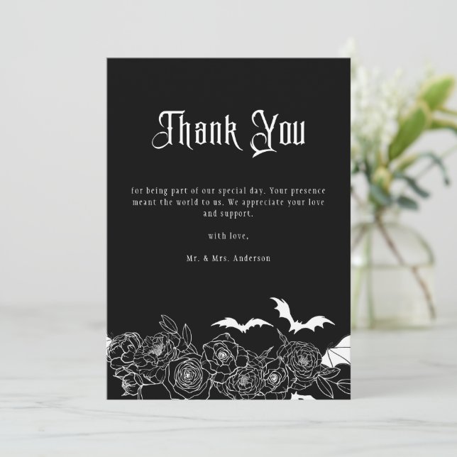 Elegant Gothic Floral Black Wedding Photo Tack Kort (Stående Fram)