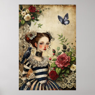 Elegant Gothic Girl & Raven in Ro Garden Poster