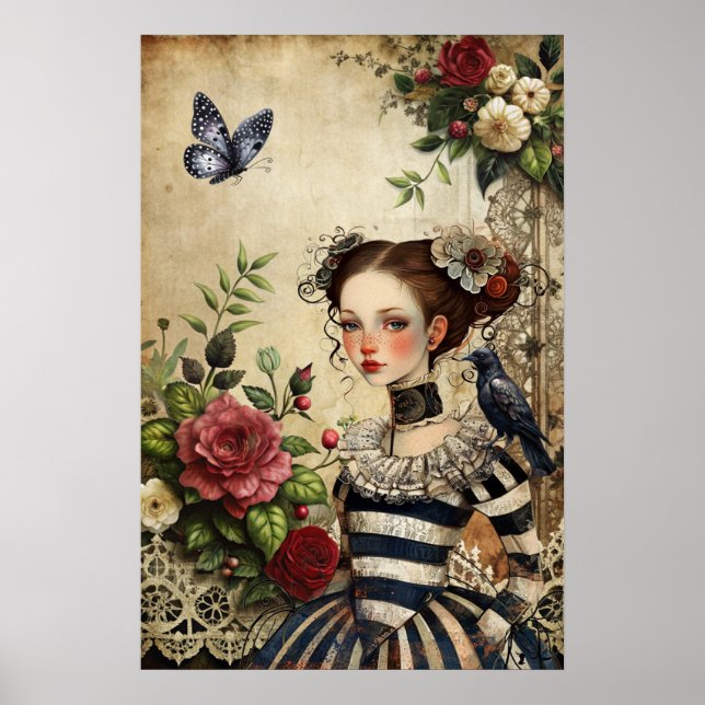 Elegant Gothic Girl & Raven in Ro Garden Poster (Framsidan)