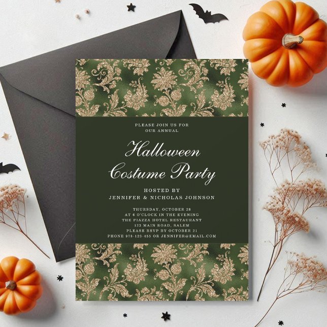 Elegant Gothic Grönt Damask Halloween Costume Inbjudningar (Elegant Gothic Green Damask Halloween Costume Invitation)