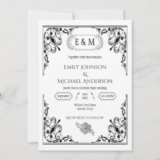 Elegant Gothic Monogram Black and White Bröllop Inbjudningar