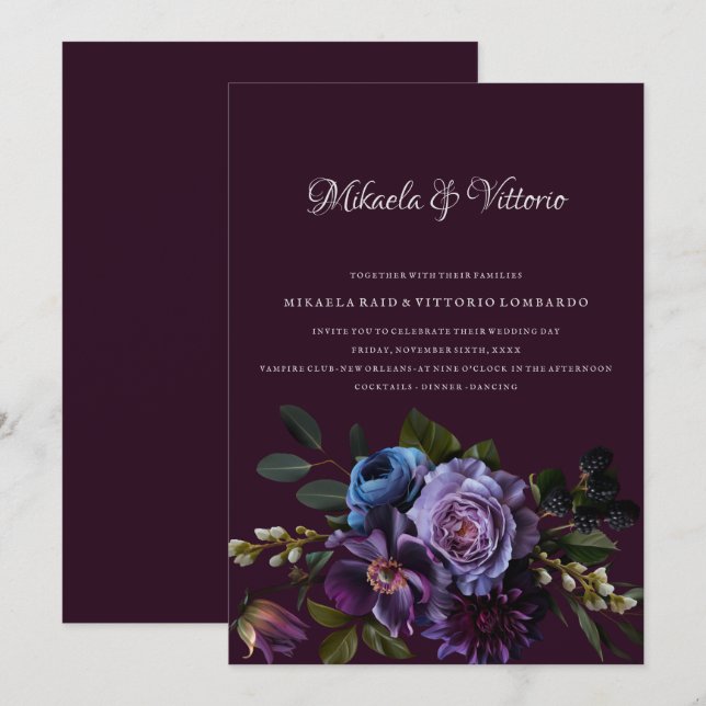 Elegant Gothic Mörk Flower Bröllop Inbjudningar (Fram/baksida)
