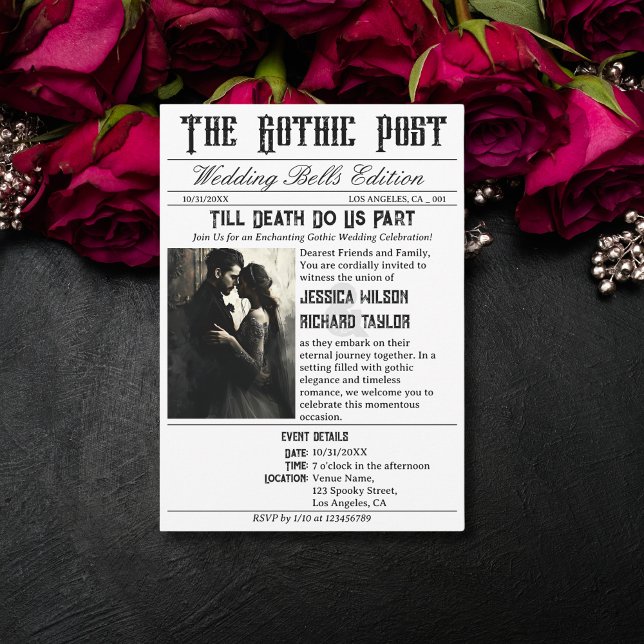 Elegant Gothic Newspaper Photo Black Bröllop Inbjudningar (Skapare uppladdad)