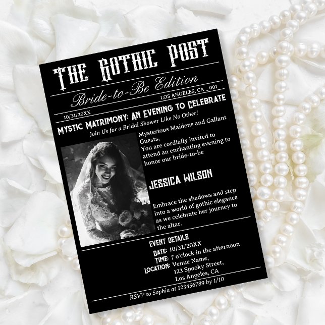 Elegant Gothic Newspaper Photo Möhippa Inbjudningar (black gothic newspaper)