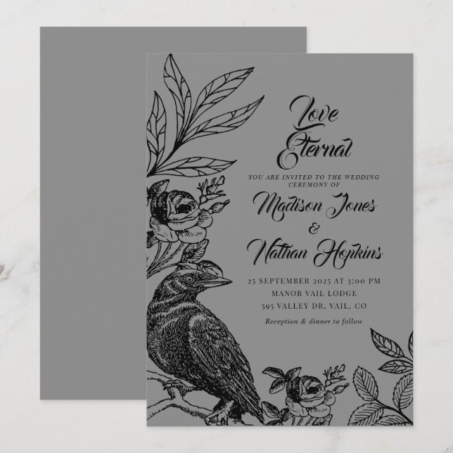 Elegant Gothic Raven bröllopsinbjudan Inbjudningar (Fram/baksida)