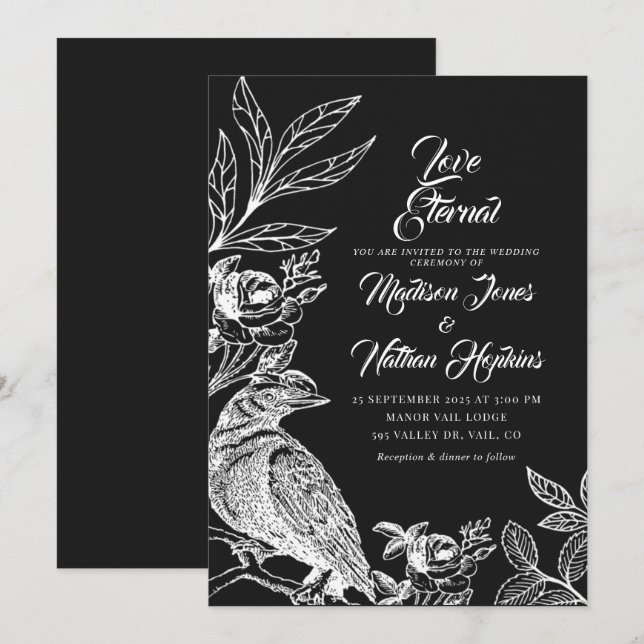 Elegant Gothic Raven bröllopsinbjudan Inbjudningar (Fram/baksida)