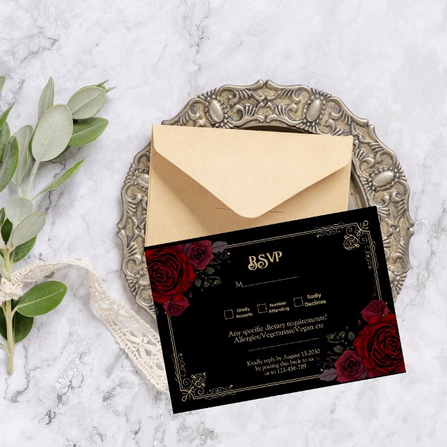 Elegant Gothic Romance Roses Wedding RSVP OSA Kort (Skapare uppladdad)