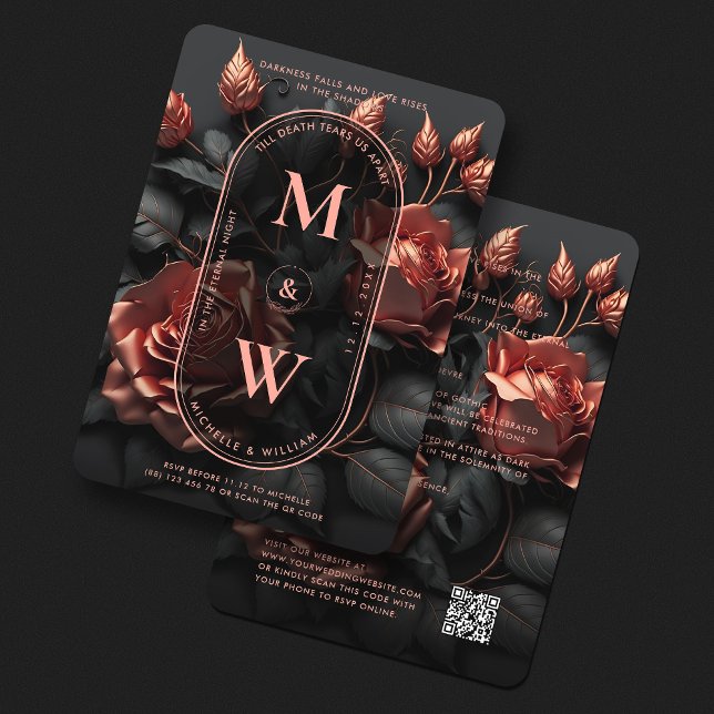 Elegant Gothic Rosegold Black Rustic Boho Bröllop Inbjudningar (Elegant Gothic Rosegold Pink Floral Boho Wedding Invitation
)