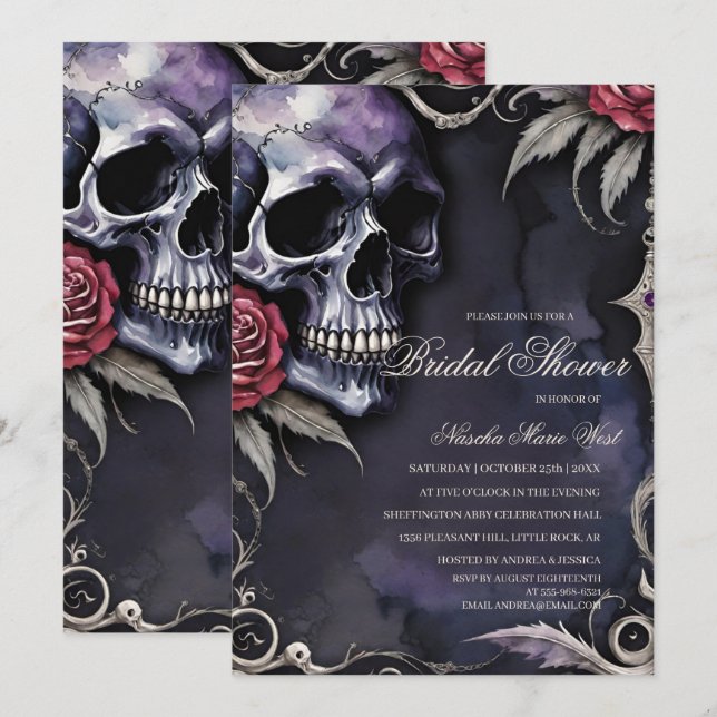 Elegant Gothic Skull & Red Roses Bridal Shower Inbjudningar (Fram/baksida)