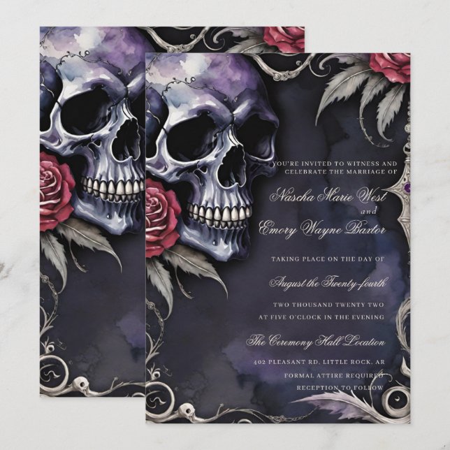Elegant Gothic Skull & Red Roses Wedding Inbjudningar (Fram/baksida)