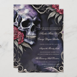 Elegant Gothic Skull & Red Roses Wedding Inbjudningar