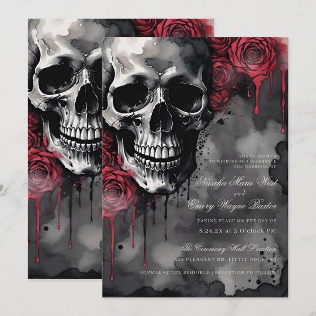 Elegant Gothic Skull & Ro Bröllop Inbjudningar (Fram/baksida)