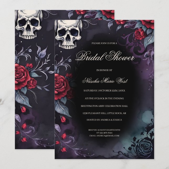 Elegant Gothic Skull & Roses Bridal Shower Inbjudningar (Fram/baksida)
