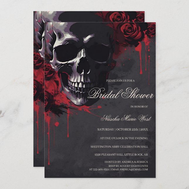 Elegant Gothic Skull & Roses Bridal Shower Inbjudningar (Fram/baksida)