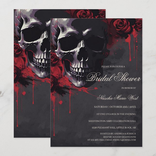 Elegant Gothic Skull & Roses Bröllopsdusch Inbjudningar (Fram/baksida)