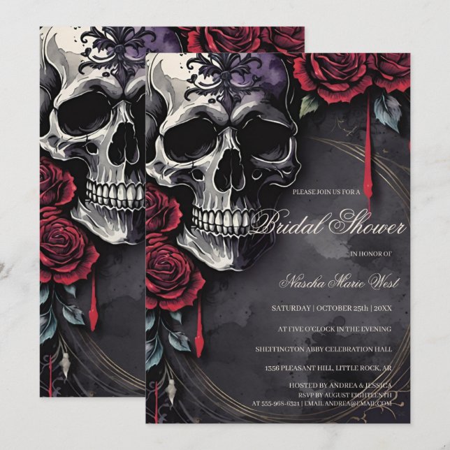 Elegant Gothic Skull & Roses Bröllopsdusch Inbjudningar (Fram/baksida)