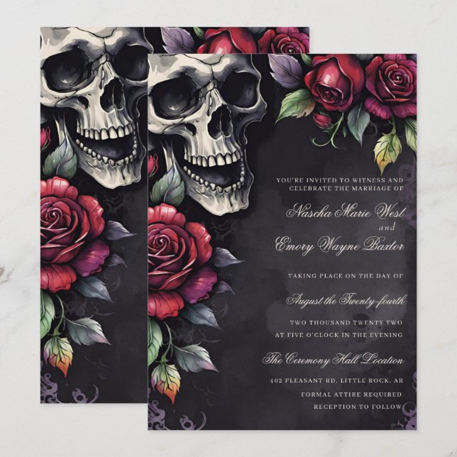 Elegant Gothic Skull & Roses Wedding Inbjudningar (Fram/baksida)