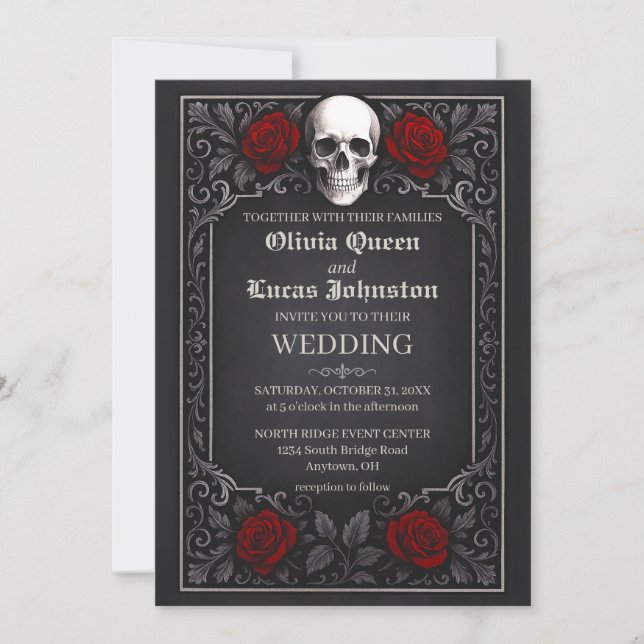 Elegant Gothic Skull & Roses Wedding Invitation    Inbjudningar (Framsida)