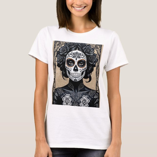 Elegant Gothic Sugar Skull Blommigt Art T-Shirt (Framsida)
