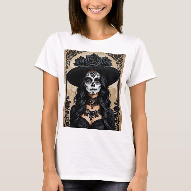 Elegant Gothic Sugar Skull Blommigt Art T-Shirt (Framsida)