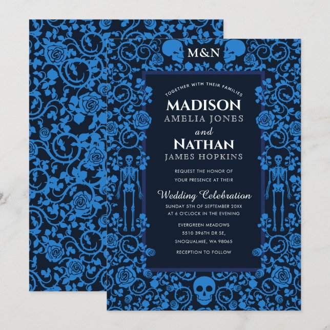 Elegant Gothic Victorian Blue Bröllop Inbjudningar (Fram/baksida)