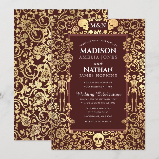 Elegant Gothic Victorian Gold Foil Bröllop Inbjudningar (Fram/baksida)