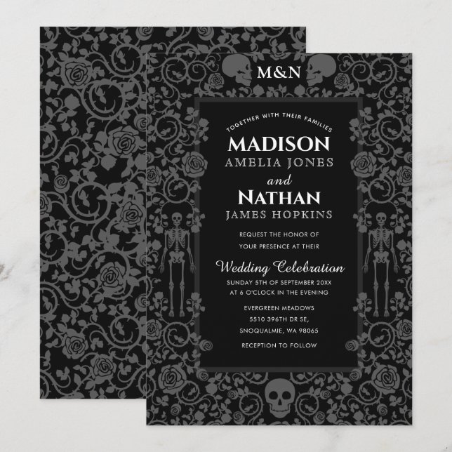 Elegant Gothic Victorian Grått & Black Bröllop Inbjudningar (Fram/baksida)