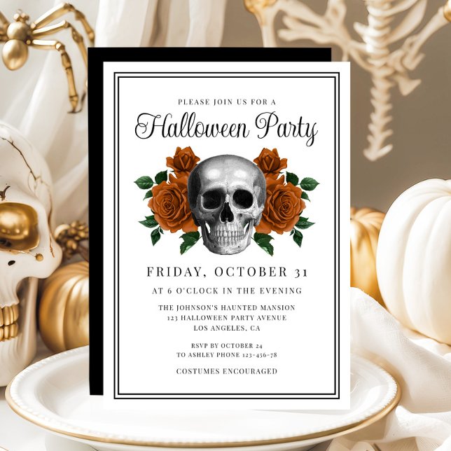 Elegant gotiic Blommigt Skull Halloween-inbjudan Inbjudningar (Elegant Gothic Floral Skull Halloween Invitation)