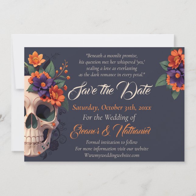 Elegant gotisk 3D blomster skalle Spara datumet Inbjudningar (Baksida)