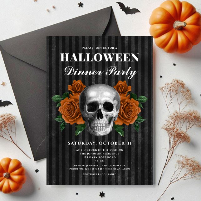 Elegant gotisk blomkraniell middagskväll Halloween Inbjudningar (Elegant Gothic Floral Skull Dinner Party Halloween Invitation)