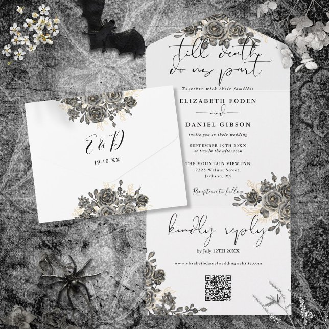 Elegant gotisk blommande rosor QR-kod bröllop (Elegant Gothic Floral Roses QR Code Wedding All In One Invitation)