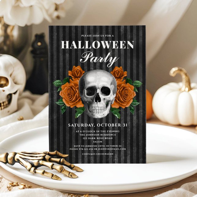 Elegant gotisk blomskalle Halloween  Inbjudningar (Elegant Gothic Roses & Skull Halloween Party Invitation)