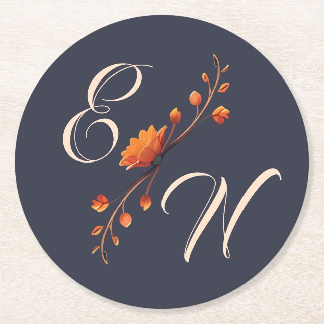 Elegant gotisk blomster minimal monogram bröllop  underlägg papper rund (Framsidan)